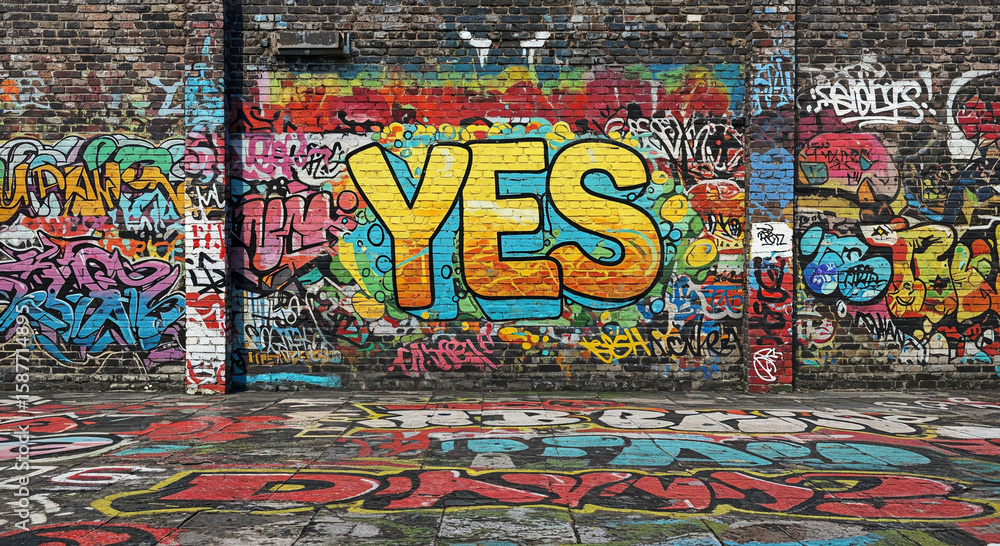 Fototapeta premium Colorful graffiti artwork with the word “YES” on a brick wall