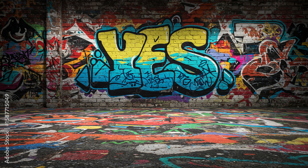 Fototapeta premium Colorful graffiti artwork with the word “YES” on a brick wall