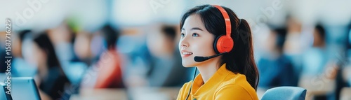 An asian young cheerful customer service representative smiles with headset in a busy call center environment assisting clients with their inquiries today.