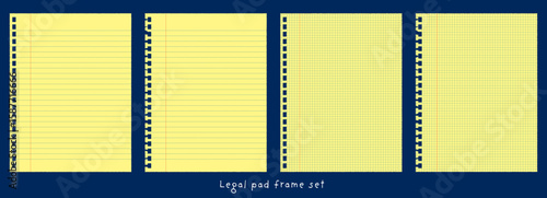 リーガルパッド風のノート背景・フレーム素材セット。横罫・方眼・穴あきなど、Webや紙面デザインに使える汎用的な黄色い紙ベースのグラフィック素材｜背景,ノート風,紙,ベクター