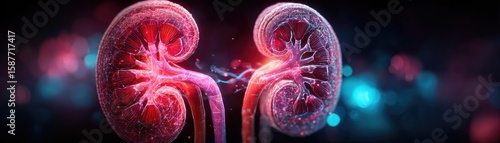 Kidney levels and renal condition concept. Vibrant digital rendering of human kidneys with glowing elements.