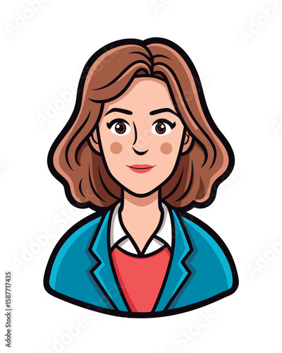 Female cartoon character in business attire. neutral expression. professional headshot. Friendly. approachable female professional in a corporate setting.