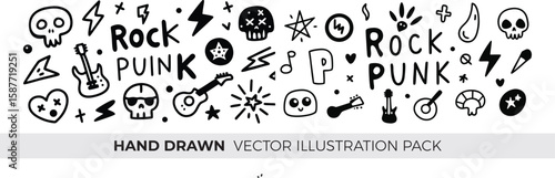 Hand drawn rock music doodles vector illustration set with guitars skulls stars and punk symbols black and white design elements
