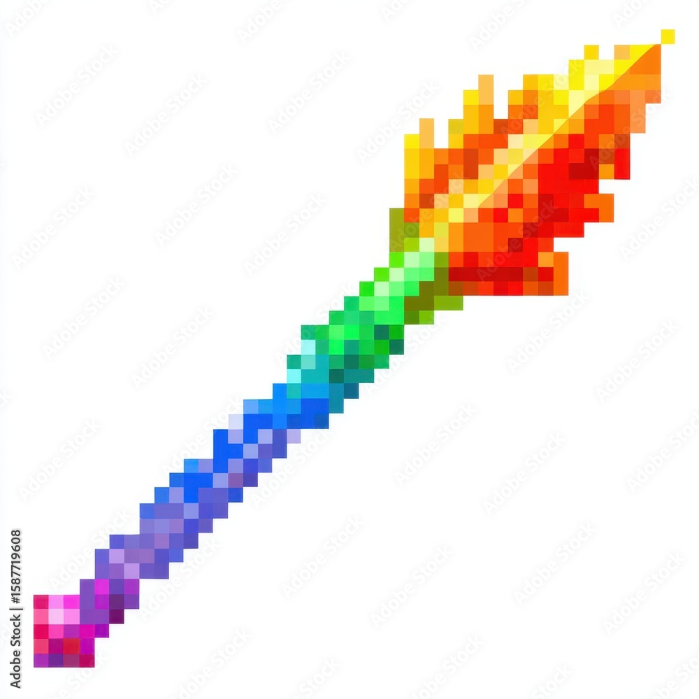 Fototapeta premium Rainbow Pixel Art Spear with Fiery Tip