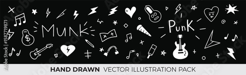 Hand drawn music doodles vector illustration set with musical notes instruments and symbols on black chalkboard background