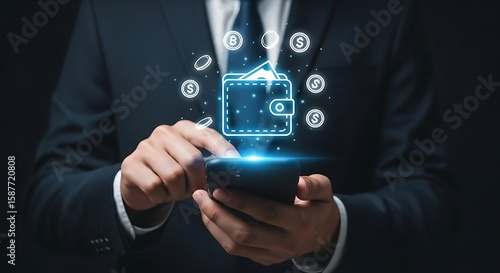 Wallpaper Mural Businessman using digital wallet on smartphone with floating cryptocurrency icons Torontodigital.ca