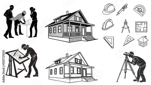 Vector set of architecture and planning silhouettes, including architect, surveyor, and design tool icons.