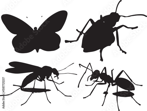 Butterfly mosquito beetle ant silhouettes black
