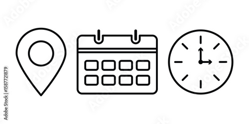 Time, date and address or location icons. place pointer time map elements vectors isolated on transparent background. schedule, time clock vector illustration. 