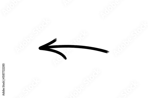 Hand drawn black arrow pointing left with brush stroke texture isolated on transparent background