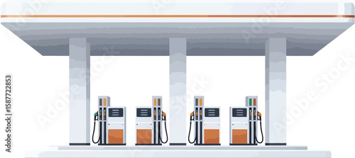 A gas station with four pumps under a white canopy with an orange stripe on top