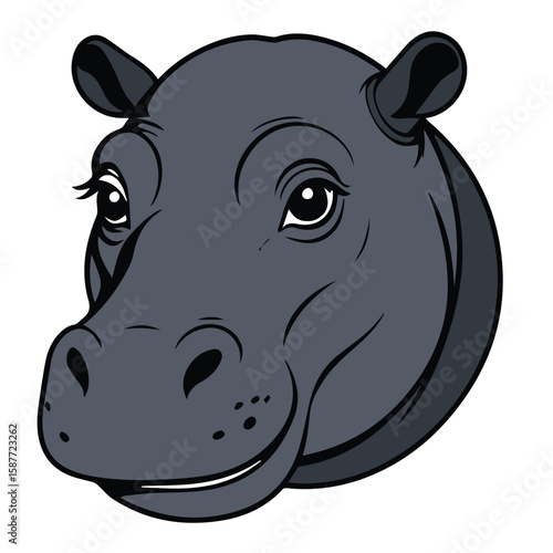 Hippopotamus head graphic with detailed features. Smiling, front-facing pose against a plain white background. Zoological illustration for educational use. African wildlife -