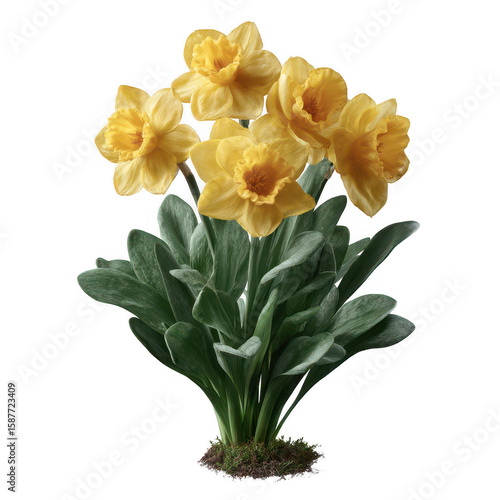 A cluster of vibrant yellow daffodils set against a white isolated background, showcasing their delicate petals and lush green leaves, perfect for springtime themes.