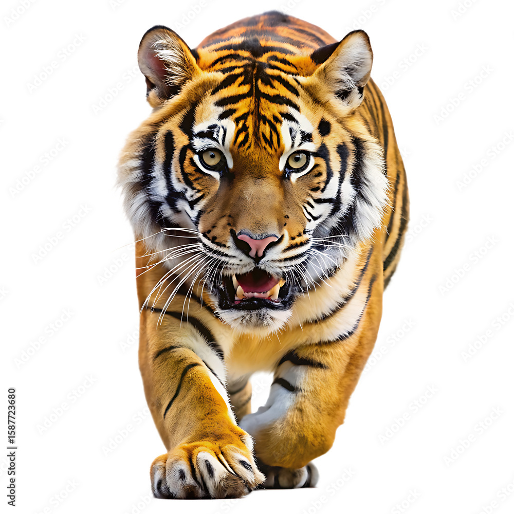 Obraz premium Fierce Bengal tiger with open mouth and bared teeth running forward isolated on a transparent background 1