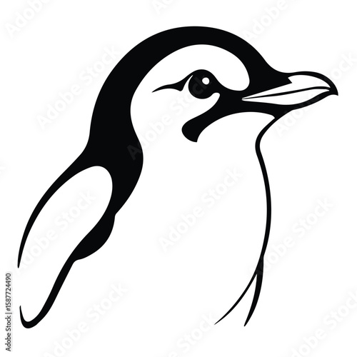 Penguin profile illustration in black and white. Side view of a penguin's head and upper body, stylized in a profile view against a plain white background.