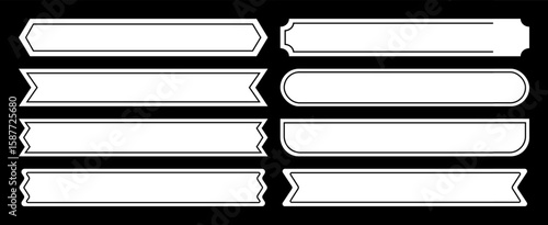 Set of white ribbon banners in a classic style. Collection of simple flat labels, vintage frames, and empty plaques with a black border.