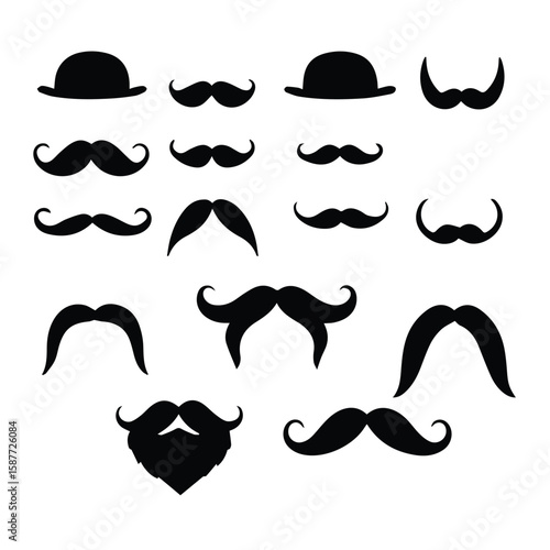 Collection of various mustache and beard silhouettes in a flat design. Silhouettes of mustaches and beards in different styles and shapes against a plain background.