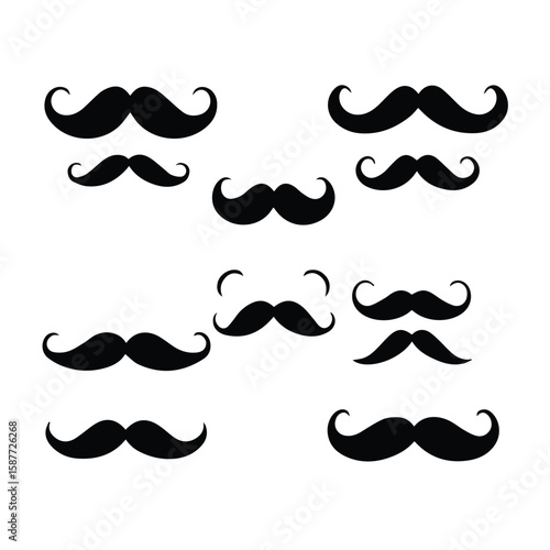 Black mustache shapes in various orientations against a plain white background. Collection of stylized mustache designs for use as a graphic or pattern.