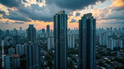 Experience Mumbai's financial district of Lalbag-Parel from above, showcasing skyscrapers under monsoon clouds pierced by sunlight in stunning 4k footage.