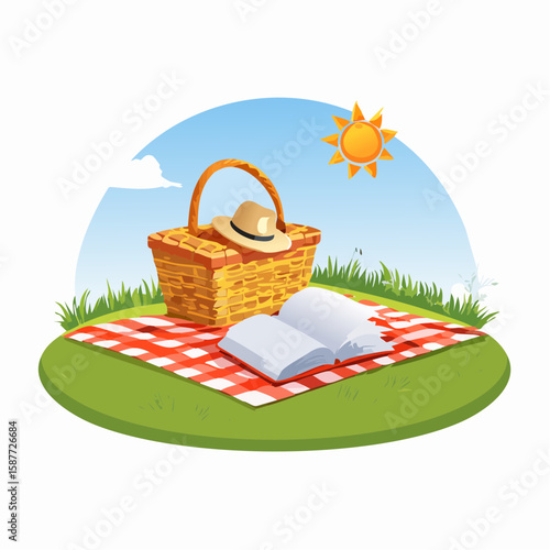 Enjoying a sunny picnic with a book and straw hat on a checkered blanket