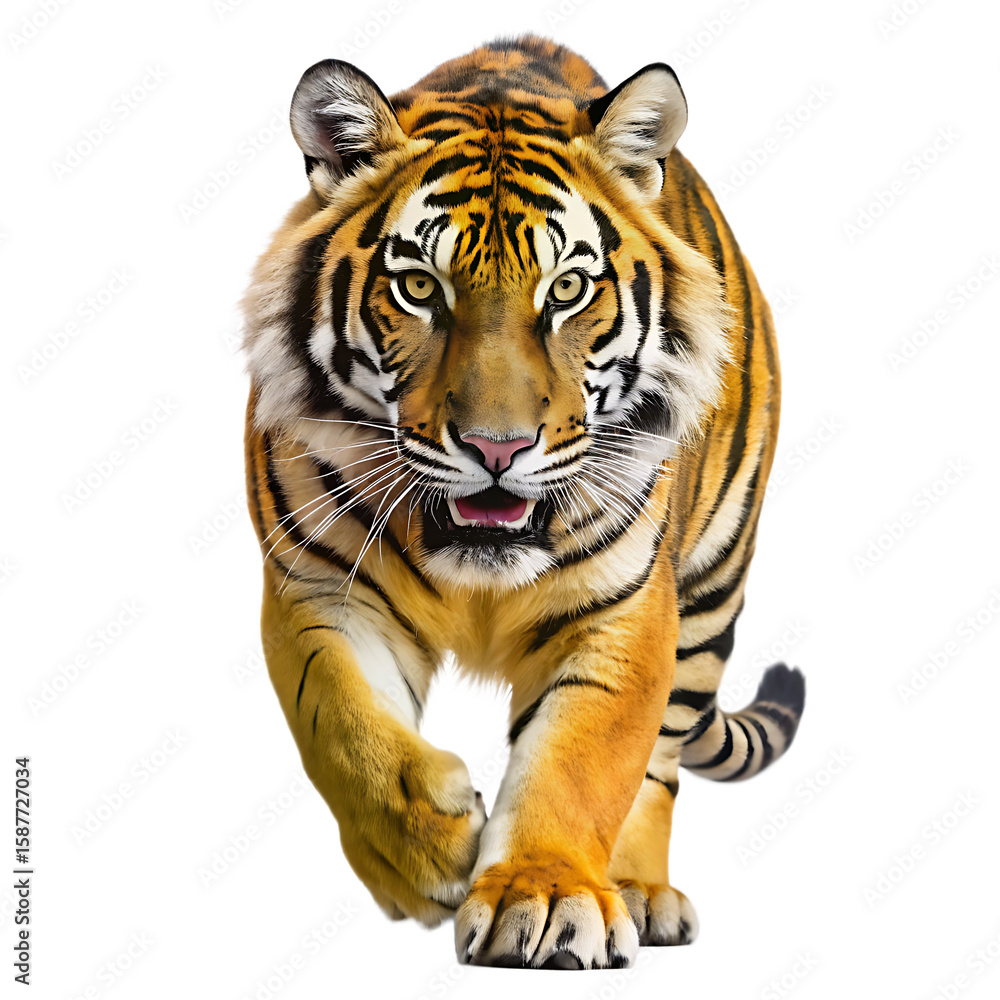 Fototapeta premium Fierce Bengal tiger with orange and black stripes walking forward with mouth open isolated on a transparent background