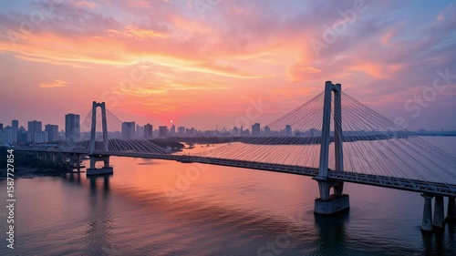 Experience the vibrant urban energy of Mumbai at sunset with this aerial view of the Bandra Worli Sea Link and stunning skyline.