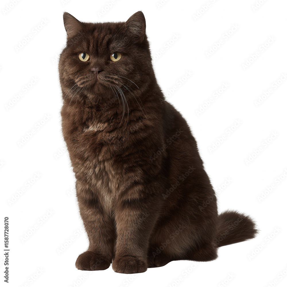Obraz premium A fluffy brown cat sitting gracefully against a white isolate background, showcasing its captivating amber eyes and unique fur texture.