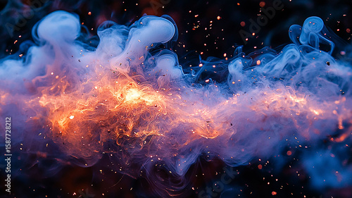Explosion of colorful smoke and sparkling embers.
Dynamic mix of blue smoke and orange light.