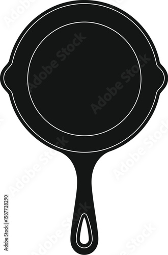 A black silhouette illustration of a cast iron skillet with a handle and loop end