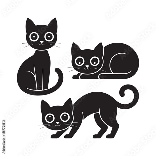 Three cute black cartoon cats in different poses on white background