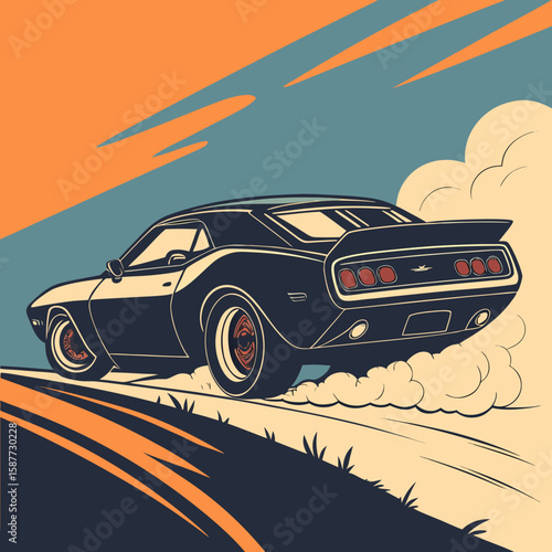 Retro Muscle Car: Vintage Style Illustration, Powerful Speed, Burning Rubber, Classic Design, Dramatic Sunset