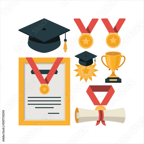 Collection of graduation caps diplomas medals and trophy for academic achievement