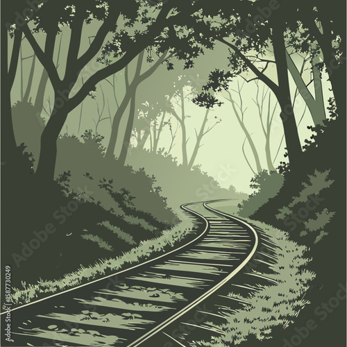 Serene Forest Railroad Tracks:  Misty Green Wood, Vintage Style Illustration, Tranquil Journey Concept