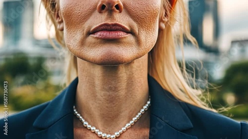 Closeup of Professional Woman Wearing Pearl Necklace and Blazer in Urban Setting