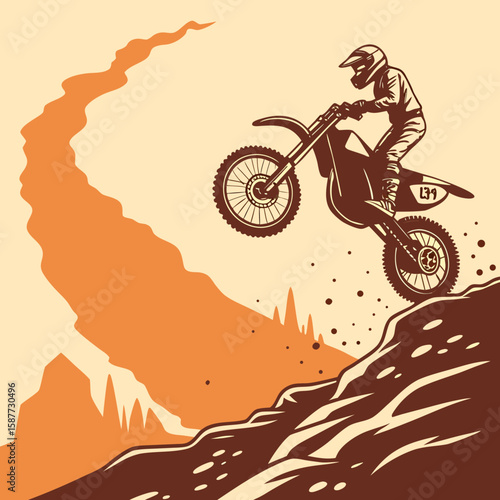Vintage Motocross Rider Soaring Over Hill, Retro Style, Action-Packed Adventure Illustration