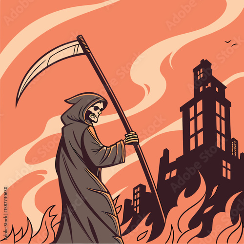 Grim Reaper with Scythe, Vintage Style, Burning Cityscape, Apocalyptic Mood, Halloween Illustration
