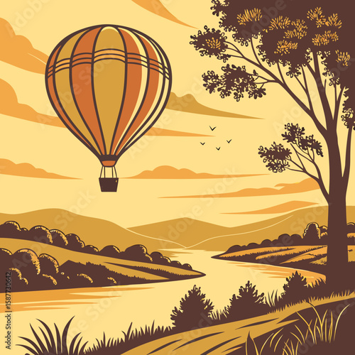 Vintage Hot Air Balloon Soaring Over Serene River Valley Landscape at Sunset
