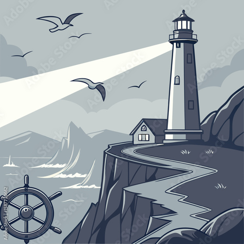 Coastal Lighthouse Scene: Serene Monochromatic Illustration of a Cliffside Beacon, Guiding Ships Homeward.