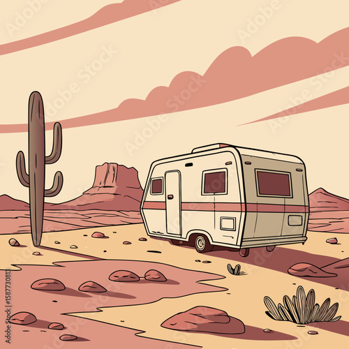 Retro Camper Van in Desert Landscape: Southwestern US, Vintage Style, Serene Mood