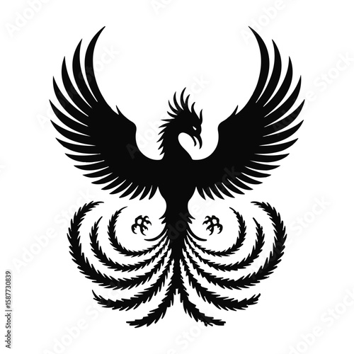 Stylized black phoenix silhouette with spread wings and tail feathers