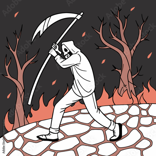 Grim Reaper Walking Through Fire, Stylized Line Art, Dark Fantasy Illustration