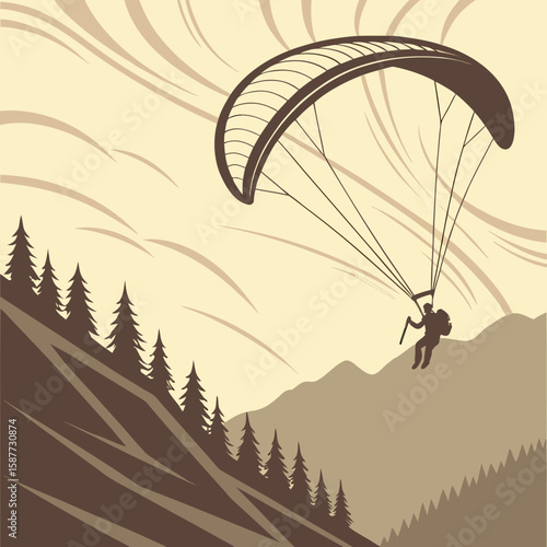 Retro Paragliding Silhouette: Adventurous Man Soaring Over Mountainous Landscape, Vintage Style Illustration