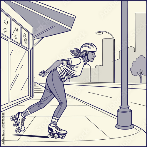 Retro-Style Illustration: Woman Roller Skating City Street, Urban Active Lifestyle, Line Art
