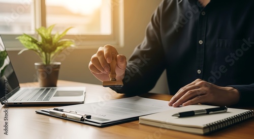 Approving Documents: Man Stamping Legal Papers in Bright Office Setting