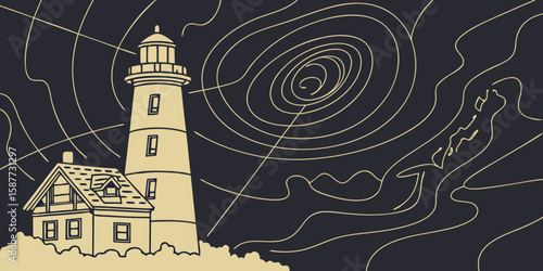 A lone lighthouse beacon illuminates the dark sky and vast sea from its perch on a rugged island coast