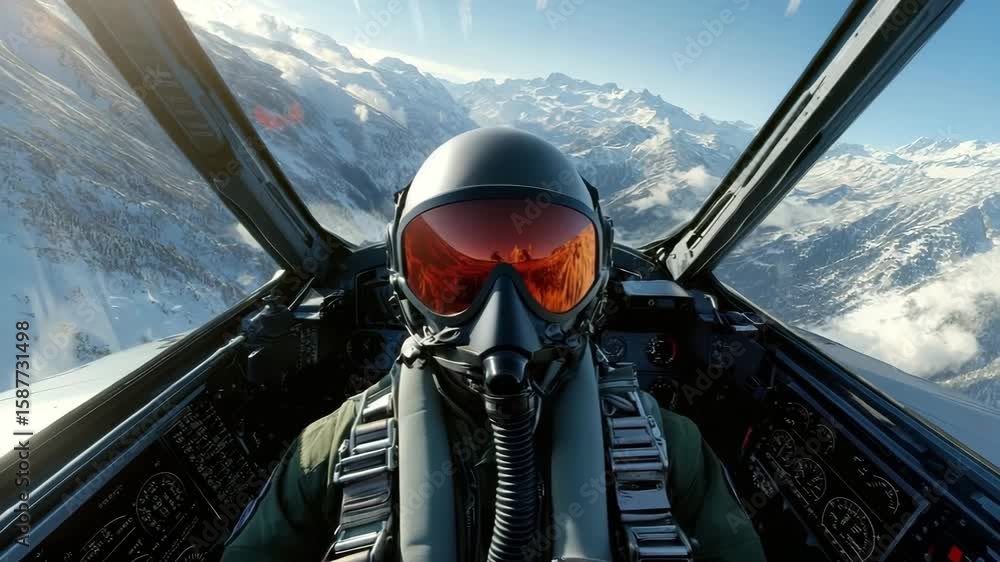 Video Stock Pilot helmet fighter jet cockpit interior mountain ...