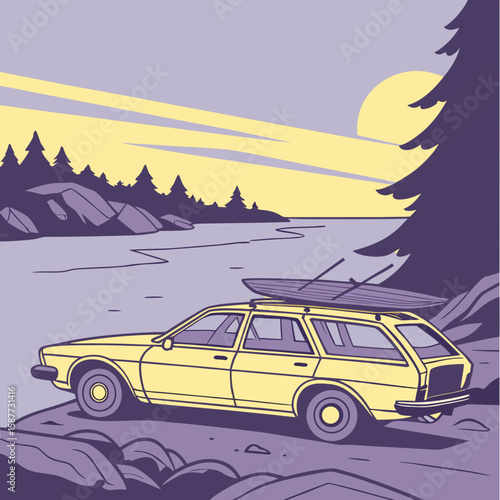 Retro Yellow Station Wagon Lakeside Sunset, Vintage Travel Poster Illustration, Serene Summer Vacation Mood