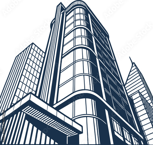 Low angle view of a modern architectural building with curved windows and sharp lines in black and white