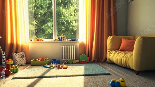 Bright Playroom with Toys and Soft Sunlight Streaming Through Large Window