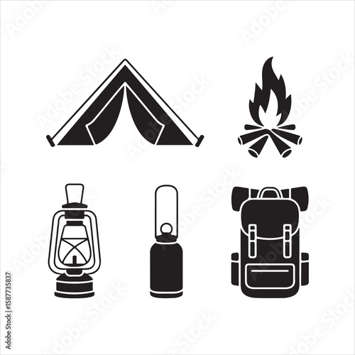 Collection of camping equipment and tent silhouette icons